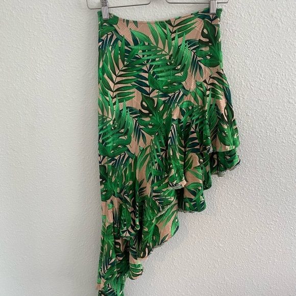 🌴 River Island Green Tropical Satin Skirt | Asymmetrical Ruffle Midi - Picture 7 of 10